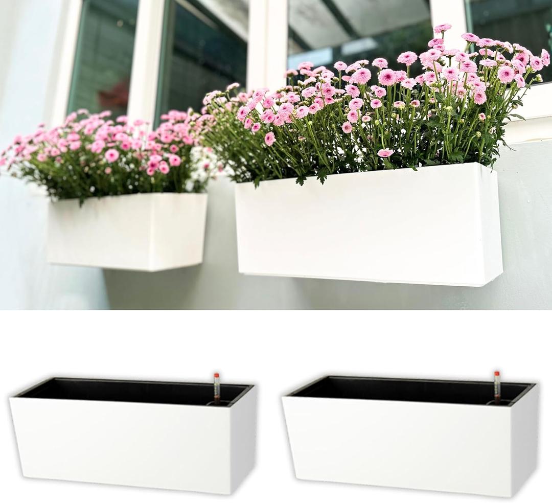 LaLaGreen Wall Planter for Outdoor (2 Pack, 40 Inch) White Self Watering Rectangular Window Boxes Planters to Attach to House with Bracket, Country Vertical Plant Wall Holder Indoor Garden Minimalist
