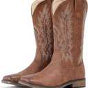 IUV Cowboy Boots For Women Square Toe Wide Western Boots Mid Calf Cowgirl Boots Pull On Embroidered Brown Cowboy Boots (8.5)