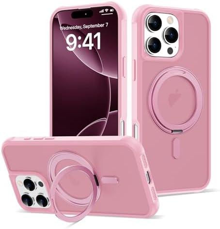 TOKVANZ for iPhone 16 Pro Max Case with 360° Rotatable Magnetic Ring Stand [Compatible Mag-Safe] [Military Grade Protection] Translucent Matte Phone Cases for Women Men 6.9'', Pink