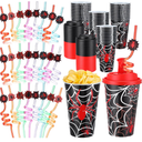 Yungyan 24 Sets Spider Party Favors Goodie Cups with Lids and Straws for Halloween Party Decorations Reusable 16oz Plastic Candy Cups Plastic Straws for Birthday Gift (Spider)