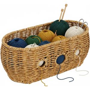 Xbopetda Yarn Bowl, Crochet Bowl with 6 Holes, Handmade Rattan Yarn Basket, Prevent Tangles Craft Knitting Organizer, Decorative Poly Basket Gift for Knitters & Crocheters, 11"x5.5"x4.5"