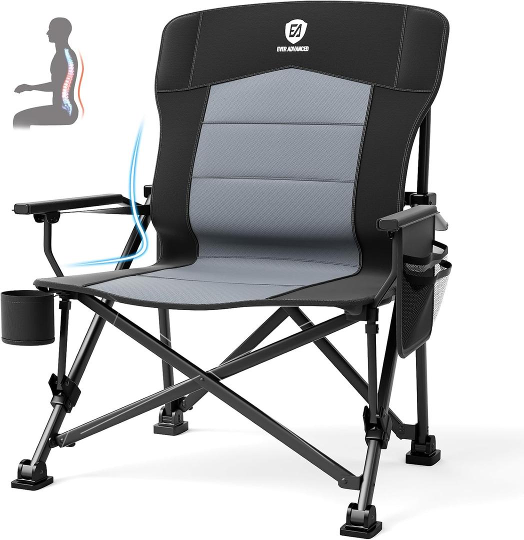 EVER ADVANCED Oversized Folding Camping Chair for Adults with Adjustable Lumbar Support, Heavy Duty Chair with Side Pockets, Portable Collapsible Quad Chair for Outside, 24.3 x 19.7 x 40 inches