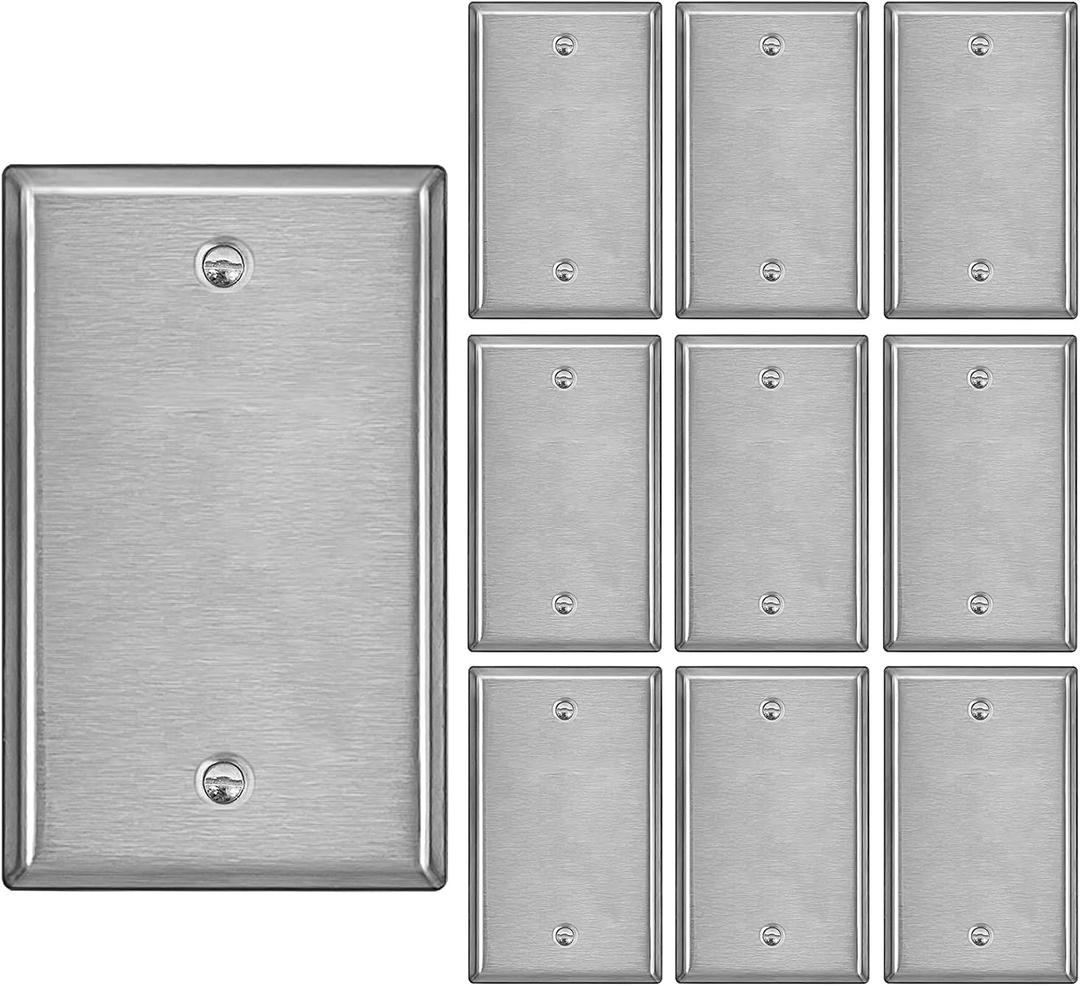 [10 Pack] BESTTEN No Device Stainless Steel Wall Plates with hite or Clear Plastic Film, Blank Metal Outlet Cover, Durable Corrosion-Resistant Industrial Grade Materials, H4.53 x W2.76