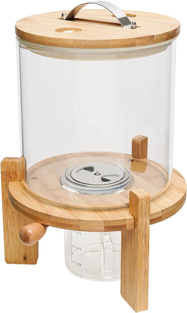 7.5L/5L Grain Storage Tank Dispenser with Base+Valve+Cup Glass Rice Cereal Bean Flour Container Dry Food Organizer with Lid+Stand for Home Kitchen Pantry Store Clear (5L/Round Base)