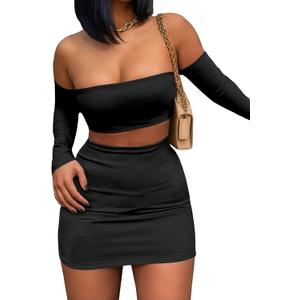 Two Piece Sets for Women Sexy Club Summer Casual Off Shoulders Top Y2K Long Sleeve T-Shirt Mini Dress Outfits D293 Black S
