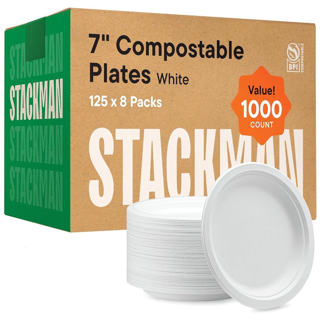100% Compostable Paper Plates 7 Inch [1000 Count] Heavy-Duty Dessert Plates - Natural White Color Unbleached Bagasse - Eco-Friendly Disposable Biodegradable Sugarcane Plates - [Bulk Case 8/125 Pack] (7" Round -- 1000 Pack)
