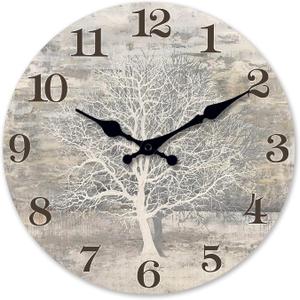 XFM Farmhouse Wall Clock Silent Wooden Wall Clocks Battery Operated 14 inch Rustic Country Tree of Life Clock Decorative for Kitchen Living Room Bedroom (Gray)