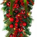 36 Inch Green Extra Long Valentines Teardrop Swag with Lights Red Balls Velvet Bows Cedar Teardrop Wreath Ornaments Valentines Decorations for Indoor Outdoor Stairs Hanging Doors Tables