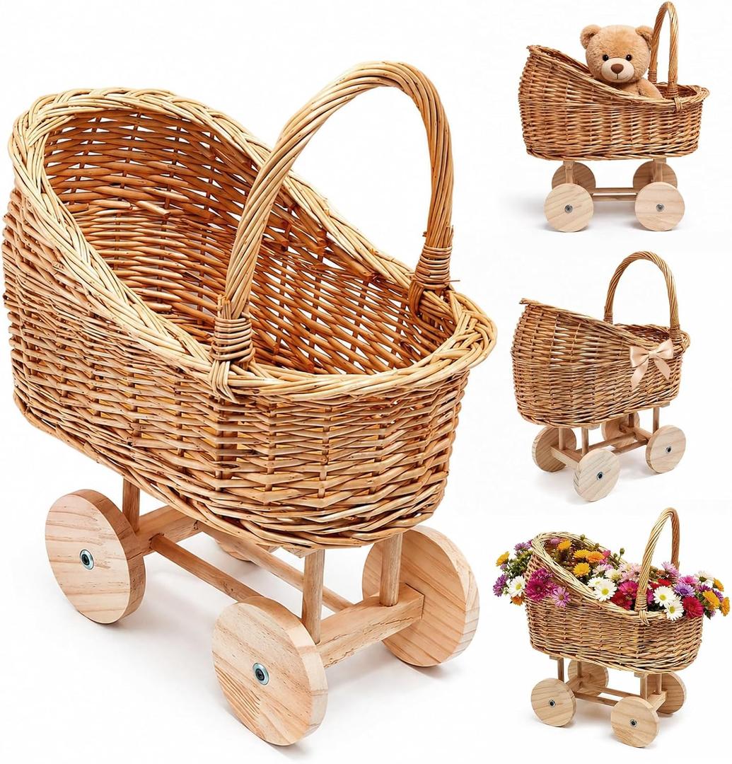 Vintage Wicker Baby Carriage DecorWoven Rattan Stroller Flower Basket Cart for Wedding Centerpieces, Baby Shower Party Supplies & Nursery Floral Arrangement Props Floral Rustic Home Decor