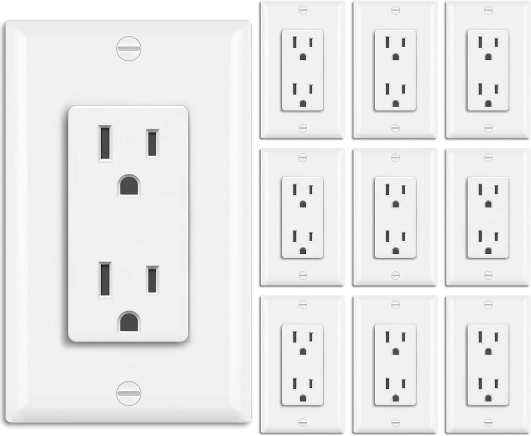 BESTTEN 15 Amp Decorator Receptacle Outlet, Standard Electrical Wall Outlet for Residential and Commerical Use, 15A/125V/1875W, Decor Wall Plate Included, UL Listed, 10 Pack, White