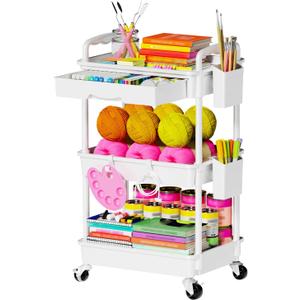 3-Tier Rolling Cart with Drawer & Lockable Wheels, Plastic Shelf Storage Organizer Cart  Easy Assembly, Waterproof Design for Kitchen, Bathroom, Office, White (3 Tier, White)