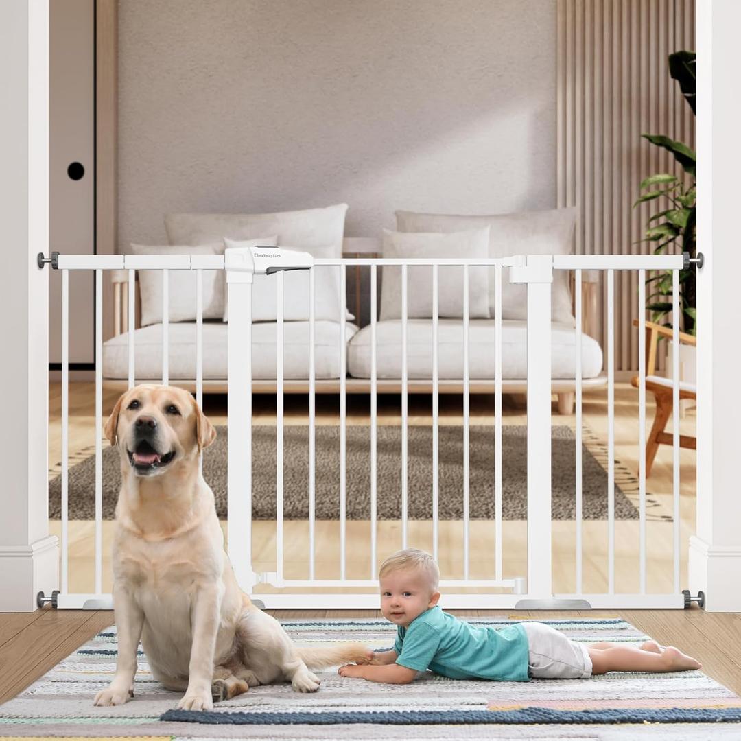 BABELIO 29-55 Inch Extra Wide Baby/Dog Gate, Metal Auto Close, Pressure Mounted Pet Door for Doorways, NO Need Tools and Drilling, with Wall Cups, White (28"Tall 29"-55" Wide)