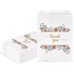DjinnGlory 150 PCS Mini Paper Treat Bags 5 x 7 Inches, Tiny Watercolor Floral & Thank You Flat Paper Treat Bags for Wedding Baby Shower Party Sweets Snacks Cookie Popcorn Candy Buffet