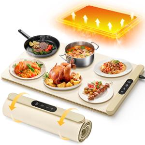 Food Warming Mat,Upgrade Graphene Fast Full-Surface Heating Mat, Electric Warming Tray with 6 Temperature and 6HoursTimer, Portable Rollable Food Warmer Perfect For Parties Buffet and Home Dinners (cream color)