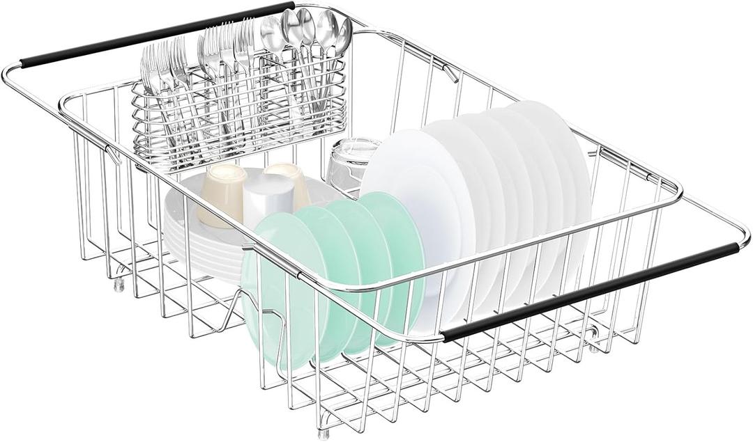 Fanbsy Large Dish Drainer Rack in Sink Adjustable, Expandable 304 Stainless Steel Metal Dish Drying Rack Organizer with Stainless Steel Utensil Holder Over Inside Sink Counter, Rustproof, 15.28 l X 13.23 W X 5.91 h