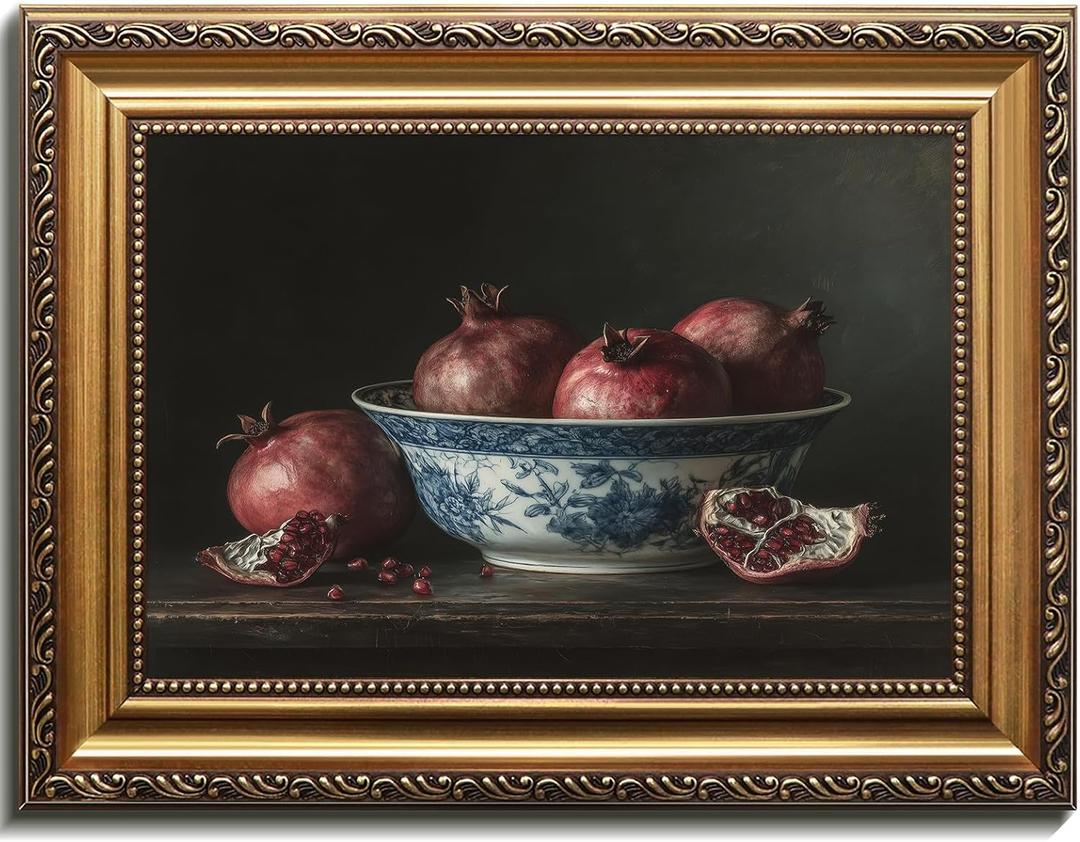 Vintage Gold Framed Wall Art, Pomegranate Still Life Canvas Oil Painting, Fruit Themed Framed Artwork Prints, Rustic Farmhouse Home Decor for Living Room, Kitchen, Dining Room, Office 12x16