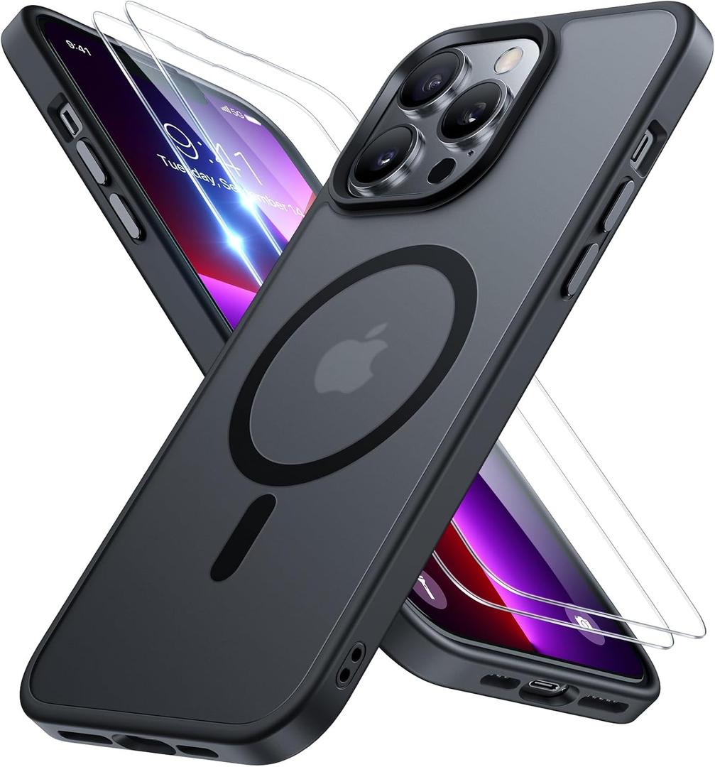 Miracase Magnetic for iPhone 13 Pro Case 6.1 inch (Compatible with MagSafe)with 2X Screen Protectors Military-Grade Protection, Anti-Fingerprint Translucent Matte Phone Case Cover, Black