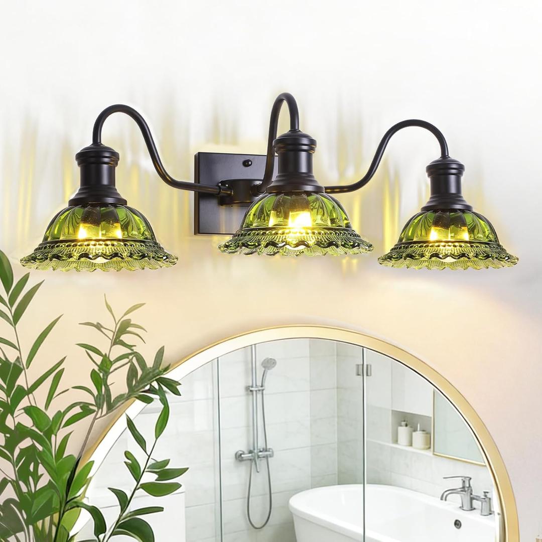 Vintage Vanity Lights 3-Light, Black Bathroom Lights with Green Shade, Glass Bathroom Light Fixtures Over Mirror, Farmhouse Wall Sconce for Bathroom, Vanity Table, Entryway, Hallway