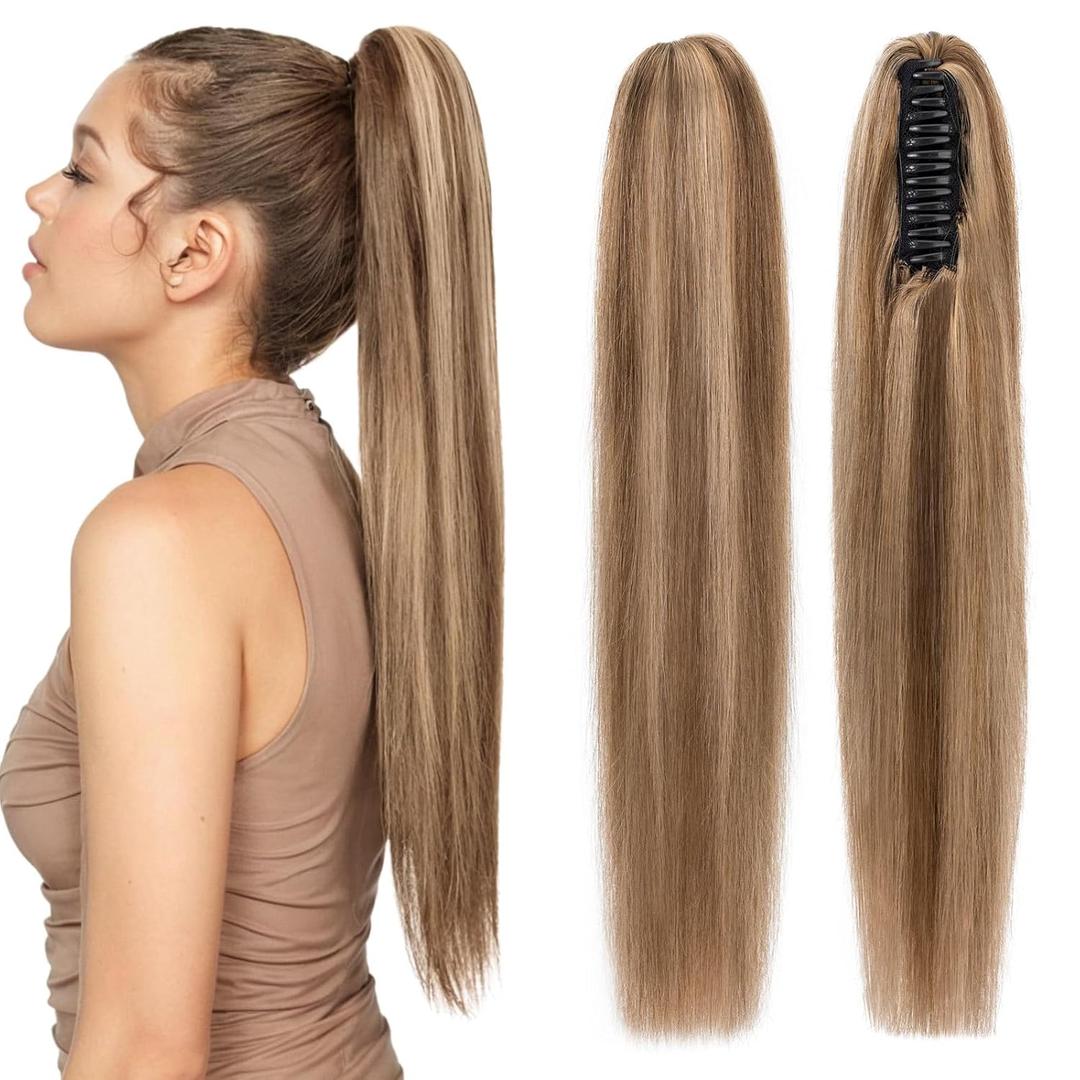 Human Hair Claw Clip Ponytail,Prokyvity Claw Clip Human Hair Ponytail,Claw Clip Ponytail Extension Human Hair,Claw Clip Real Hair Ponytail for Women 16"/109g Medium Brown Mix Dark Blonde