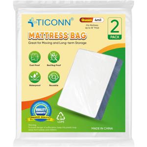 TICONN 2PK Plastic Mattress Bag for Moving Storage, Waterproof Mattress Protector Cover, Heavy-Duty Mattress Moving Supplies (4 mil, Queen)