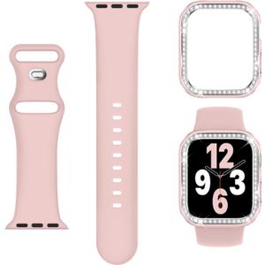 3-in-1 Compatible for Apple Watch Band 40mm 41mm 42mm 44mm 45mm 46mm, Soft Silicone Sport Strap for iWatch Series SE 10 9 8 7 6 5 4 3 (Pink with Bling Bumper Case)