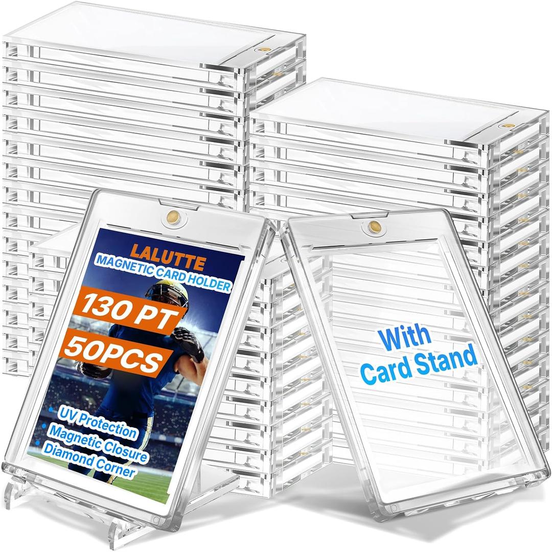 50 Pcs 130PT Magnetic Card Holder with 10 Pcs Stands, Magnetic Card Case Hard Protector, UV Protected Transparent Clear for Trading Sports Baseball Football Collectible Cards Display & Storage