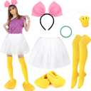 Honic 6 Pcs Halloween Costume Accessories Set - Women's Big Pink Bowknot Headband, Duck Nose Mask, Duck Feet Slippers, Yellow Socks, Rubber Bracelet, Tutu Skirt for Party Dress Up Cosplay