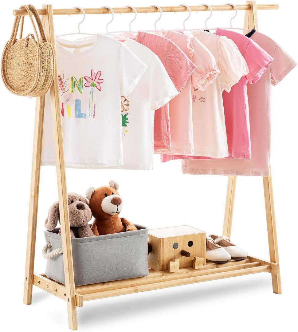 Kids Clothing Rack with Storage Shelf, Kids Dress Up Rack, Dance Costume Garment Rack for Hanging Clothes,Garment Rack for Hanging Clothes Organizer, Bamboo (Natural)