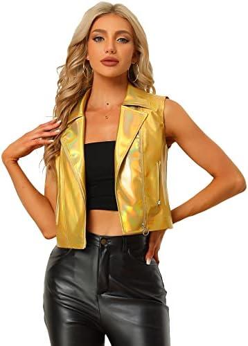 Allegra K Women's Metallic Vest Party Faux Leather Lapel Collar Zip Cropped Sleeveless Holographic Jacket, Medium