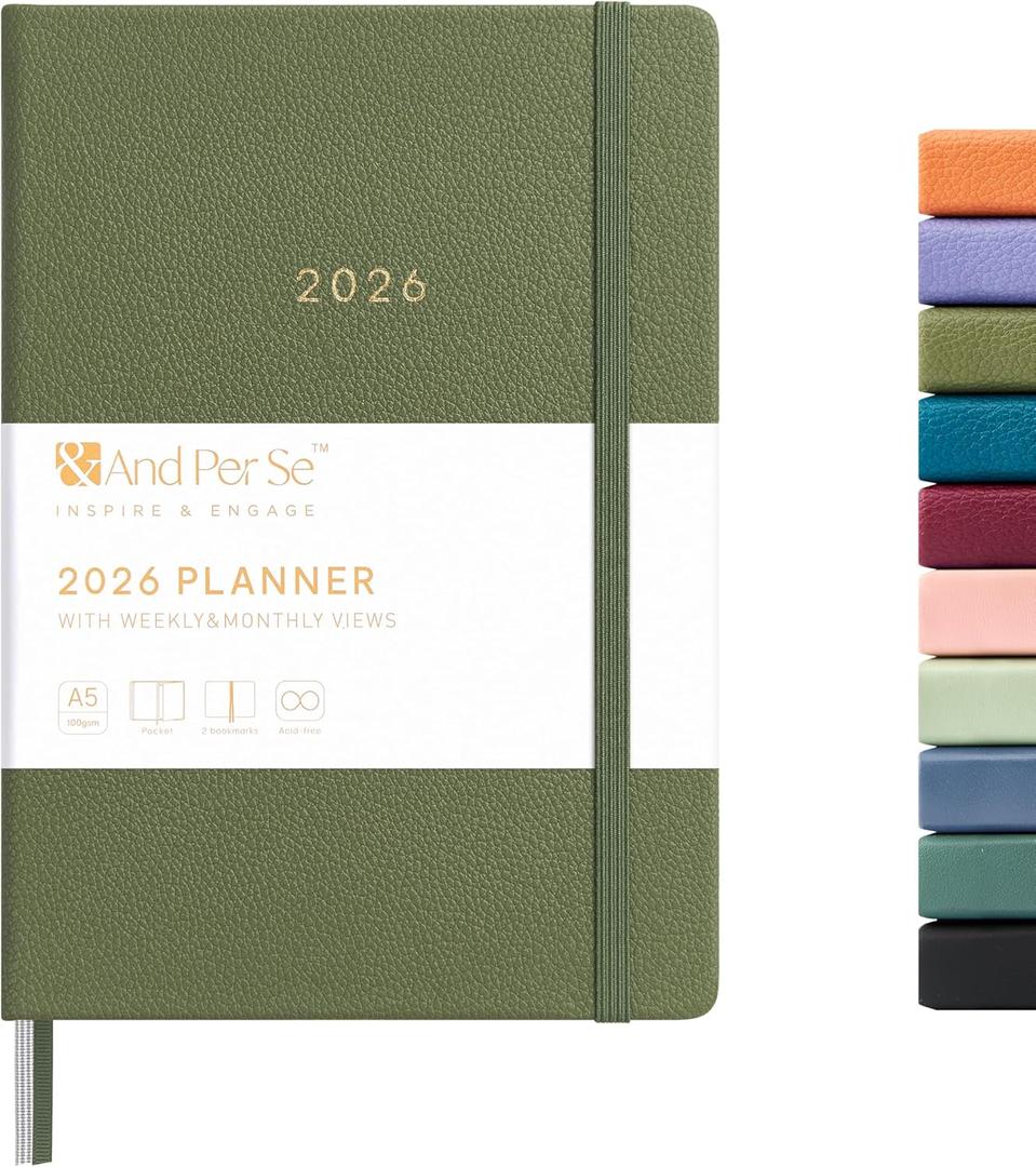 And Per Se 2026 Planner-Daily, Weekly & Monthly Leather Hardcover Planner, 5.7" x 8", Daily Schedule, 100 GSM Thick Paper, Back Pocket (Olive Green)