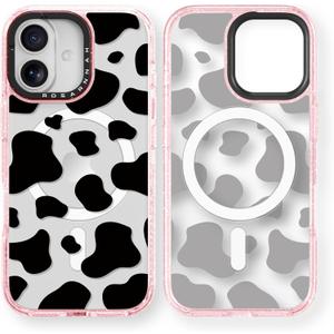 Rosarnnah for iPhone 17 Case Cute - Compatible with Magsafe - Durable Shockproof 6.6 ft Drop Impact Phone Case - Funny Milk Cow Print Design (6.3") Glitter Pink