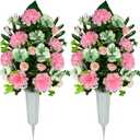 Artificial Cemetery Flowers, Artificial Bulbous Chrysanthemum Flowers Bouquet with Vase for Cemetery Grave Decoration, Set of 2 (Pink)