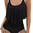 Edelqual Tankini Swimsuits for Women High Waisted Bikini Sets Plus Size Two Piece Bathing Suits Tummy Control Swimwear (Large, Black White)