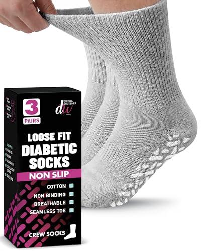 Debra Weitzner Loose Non-Binding Fit Sock - Non-Slip Diabetic Socks for Men and Women - Crew, Ankle 3Pk (Crew Grey with Grips, Sock Size 13-15/ Fits Men's Shoe Size 9-13.5)