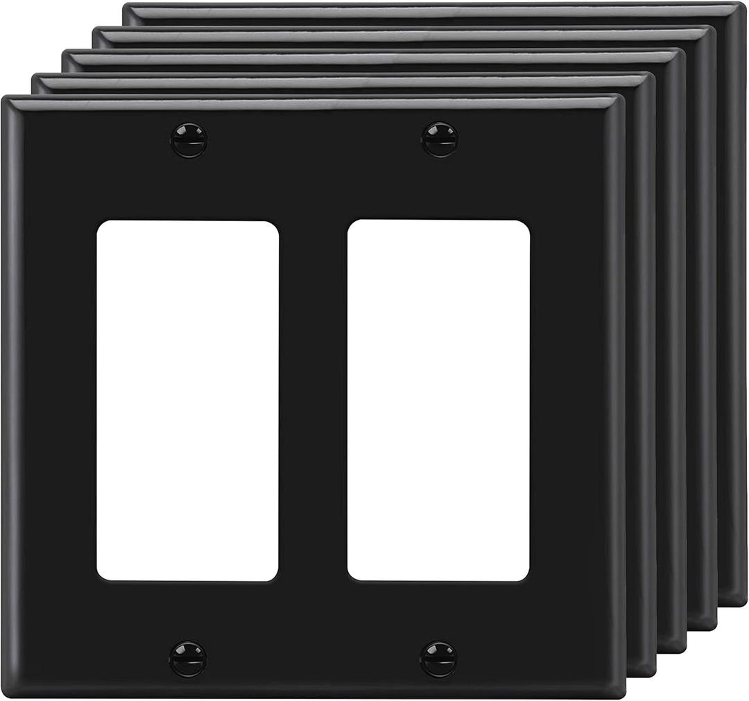 [5 Pack] BESTTEN 2 Gang Black Decorator Wall Plate, Standard Size, H4.53 x W4.57, Unbreakable Polycarbonate Outlet and Switch Cover, UL Listed