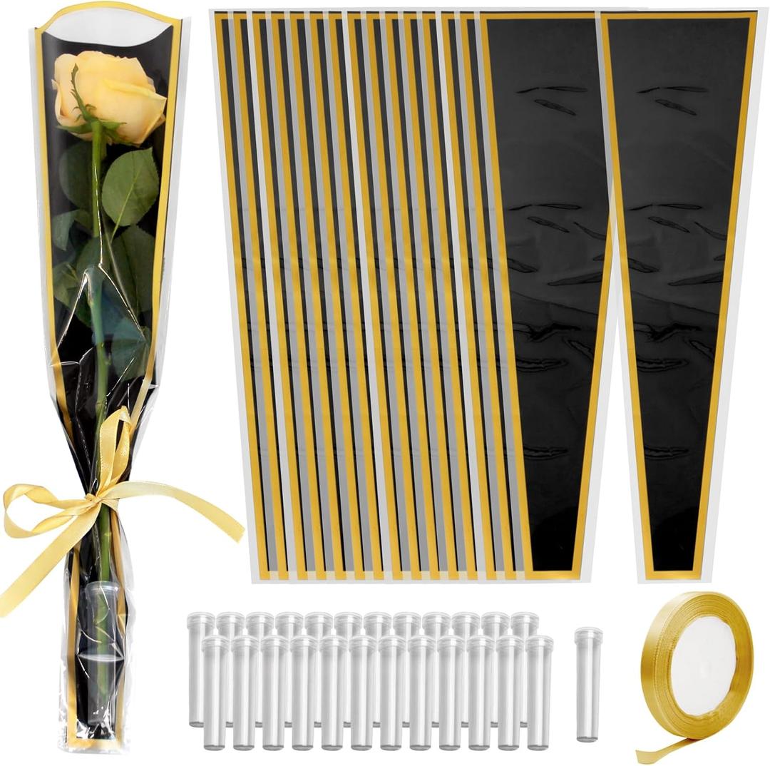 Bayurht 101 Pcs Single Rose Sleeve with Floral Water Tubes 50 Sets Single Flower Packaging Bags Single Flower Sleeve with Ribbons and Floral Water Tubes for Bouquets Wrapping (Black)