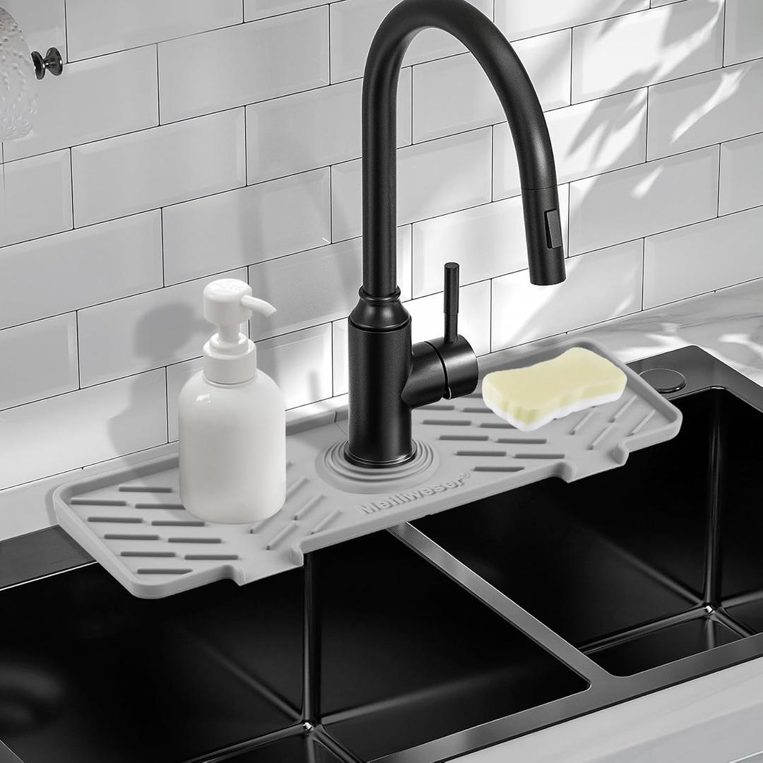 Meiliweser Silicone Faucet Mat for Kitchen Sink  Gen 3 10 Slope Splash Guard with Cuttable Hole  14 x 5.5 Drip Catcher & Sponge Holder for Kitchen, Bathroom (Gray)
