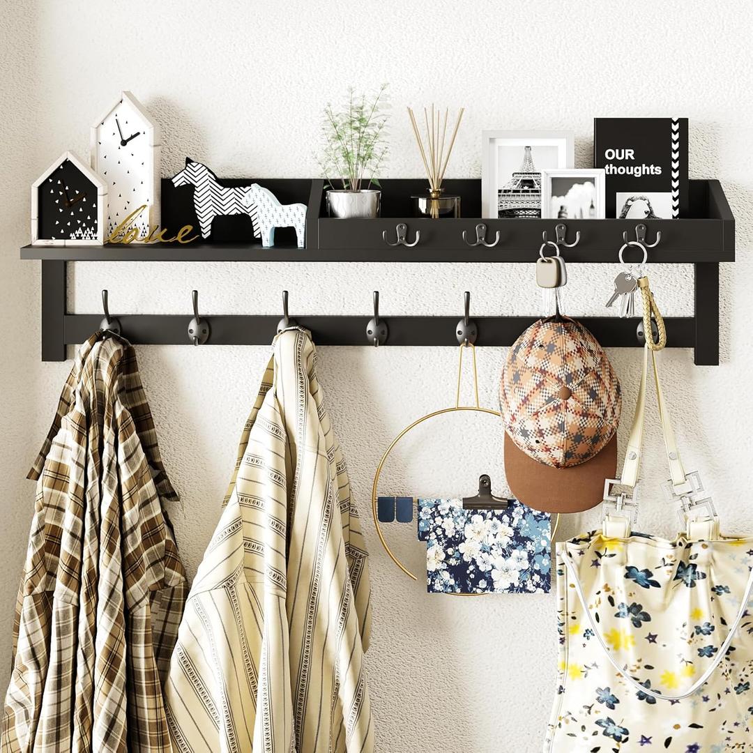 AMBIRD 35 inch Wall Hooks with Shelf, Coat Rack Wall Mount, Large Coat Hanger for Wall, Entryway Shelf with 7 Dual Coat Hooks, 4 Key Hooks and Mail Organizer, Wooden Key Holder Rack (Black)