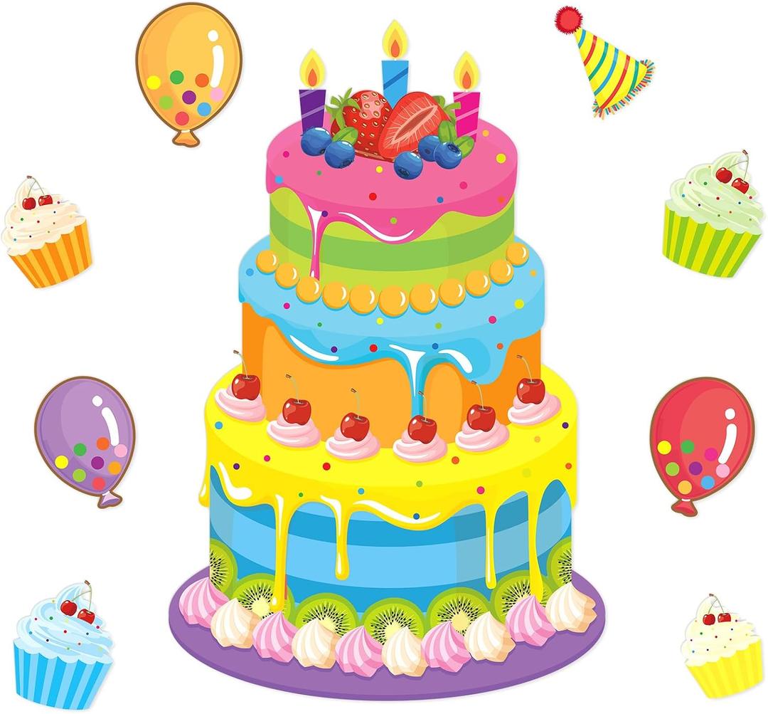 2 x Happy Birthday Bulletin Board Set for Classroom Colorful Cakes Birthday Paper Cutouts Cupcakes Balloon Hat Classroom Decorations for Back to School Home Office Chalkboard Wall Decor Party Supplies