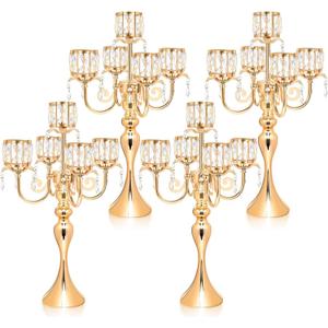 Gold Candelabra Candle Holders, Elegant Bling Centerpiece with Pendant Crystal Table Decorations 5 Arms Candlesticks for Dining Room,22 Inches Tall (4, Gold)