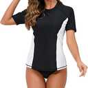 Halcurt Women's Short Sleeve Rash Guard Swimsuit Top with Built in Bra Swim Shirt UPF50+ Quick Dry Bathing Suit L