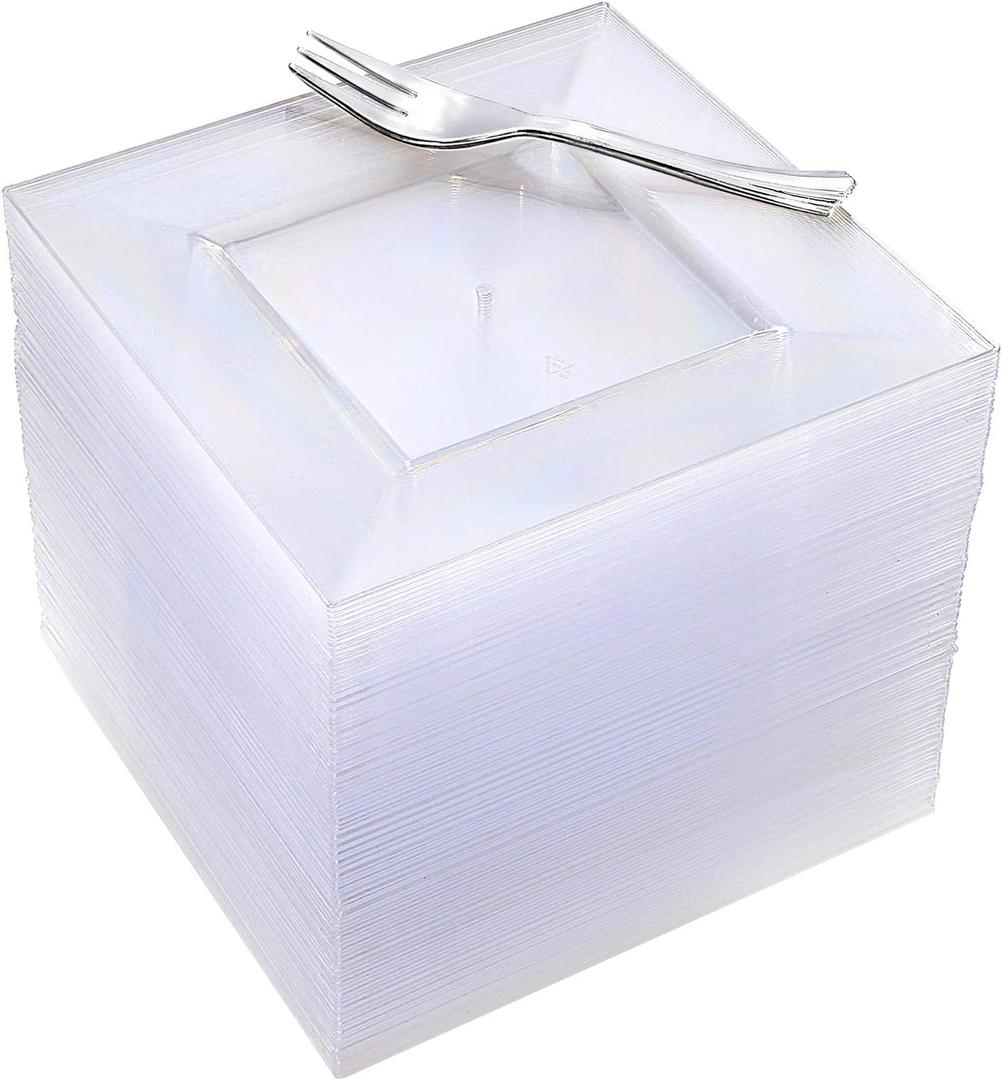 Supernal 100pcs Clear Dessert Plates with 100pcs Silver Dessert Fork, Clear Square Plates, Party Essentials Appetizer Plates,Silver Plastic Silverware, Perfect Choice for Wedding and Party Supernal 100pcs Clear Dessert Plates with 100pcs Silver Dessert Fork, Clear Square Plates, Party Essentials Appetizer Plates,Silver Plastic Silverware, Perfect Choice for Wedding and Party