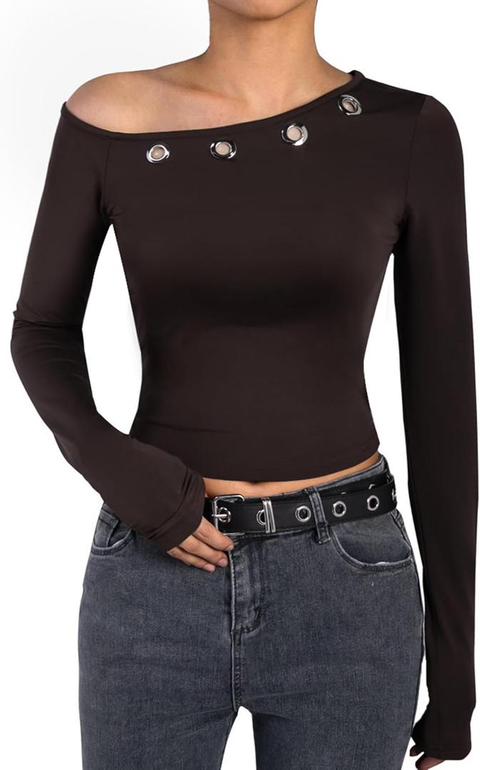 Remidoo Women Off The Shoulder Crop Top T Shirt Long Sleeve Tops Sexy Fitted Shirts Brown Medium (M)