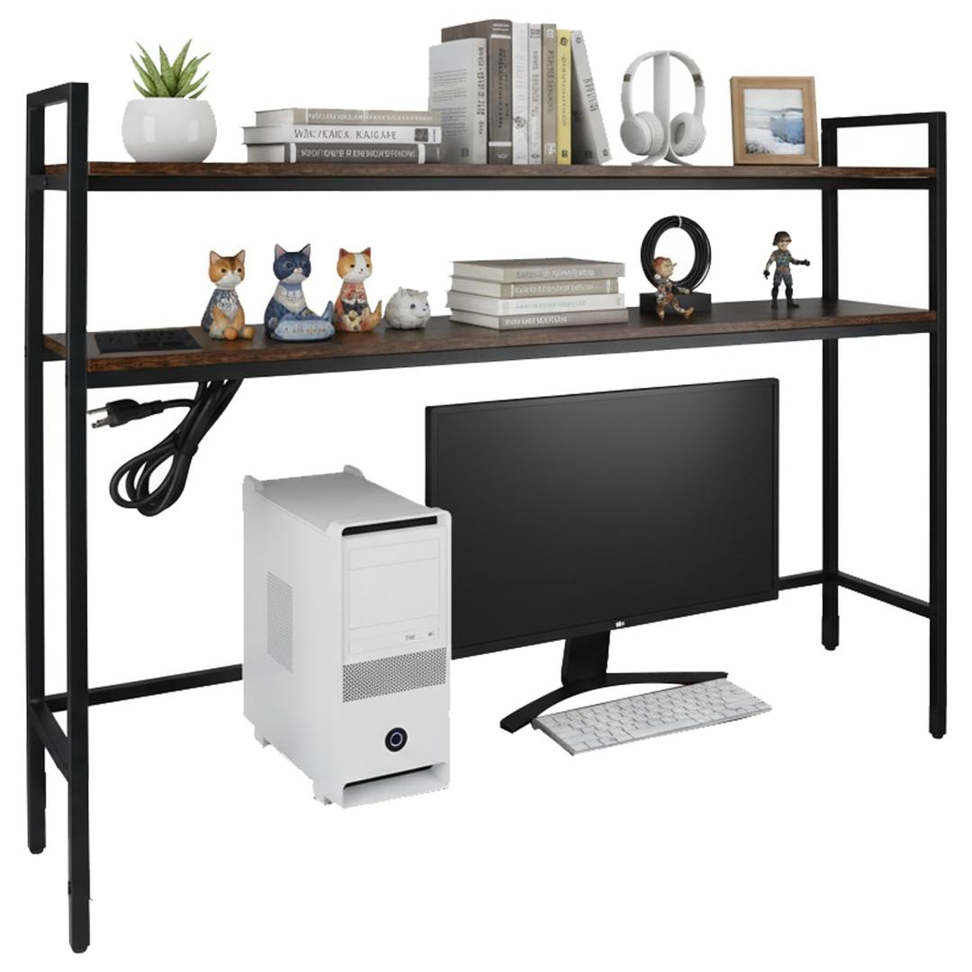 Rotulark 38.5" Desk Shelf with Outlets, 2-Tier Adjustable Multipurpose Engineered Wood Organizer Desk Hutch, Office Storage Rack, Desktop Shelf Organizer for Dorm,Office Home (Brown)