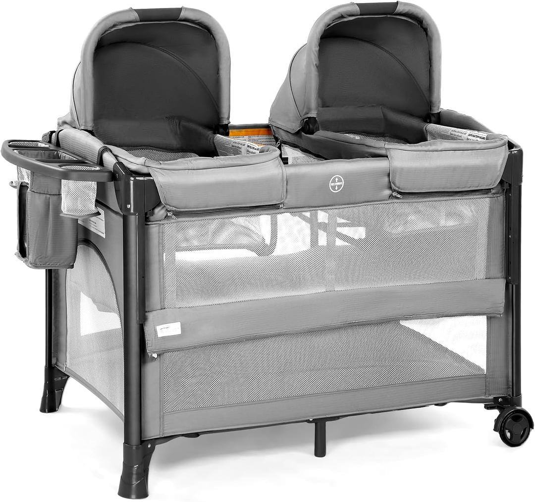 JOYMOR Twin Bassinet for Baby, Bedside Bassinet, Convertible to Bedside Sleeper and Playpen, with Wheel, Brake, Foldable Side Sleeper, Gray (Grey)