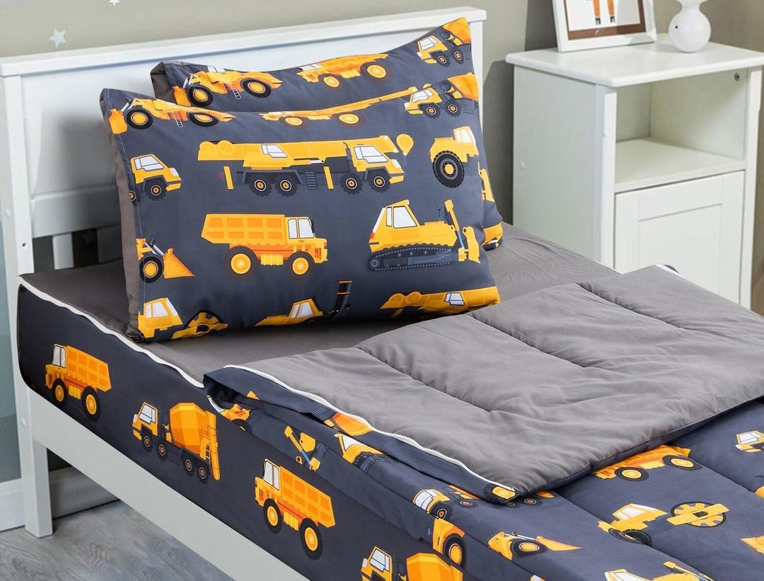 Meeting Story 3pcs Kids Comforter Sets Zipper Bedding Set for Boys, Full Kid Bedding Set Car Comforter Construction Bedding for Kid, All in one Zipper BeddingGrey, Full