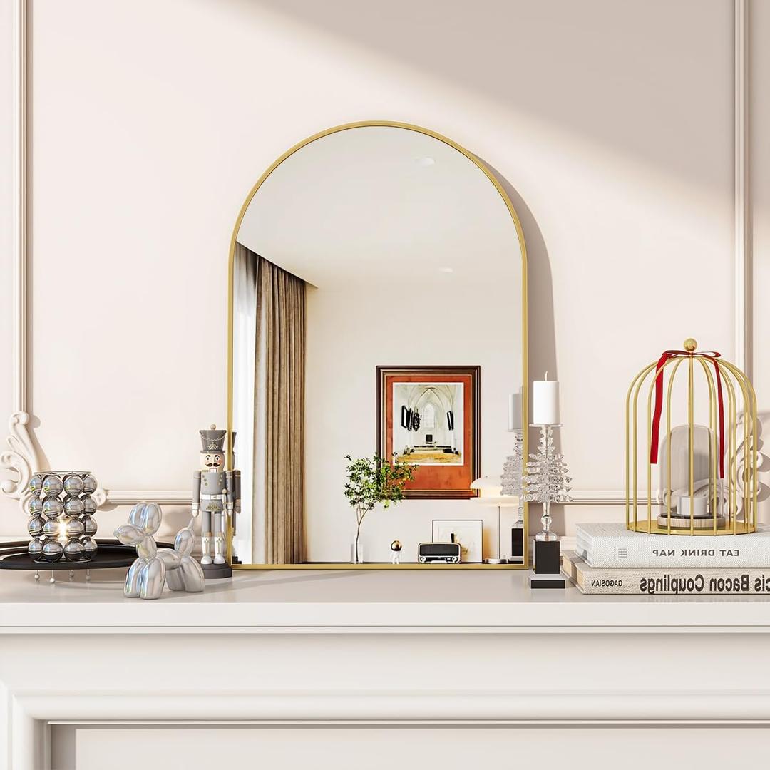 Arched Wall Mirror, 20 x 30 inch Arch Bathroom Mirror, Wall Mounted Vanity Mirror with Arch Metal Frame, Modern Bathroom Vanity Mirror for Bedroom, Living Room, Hanging or Leaning, Gold (30"L x 20"W)