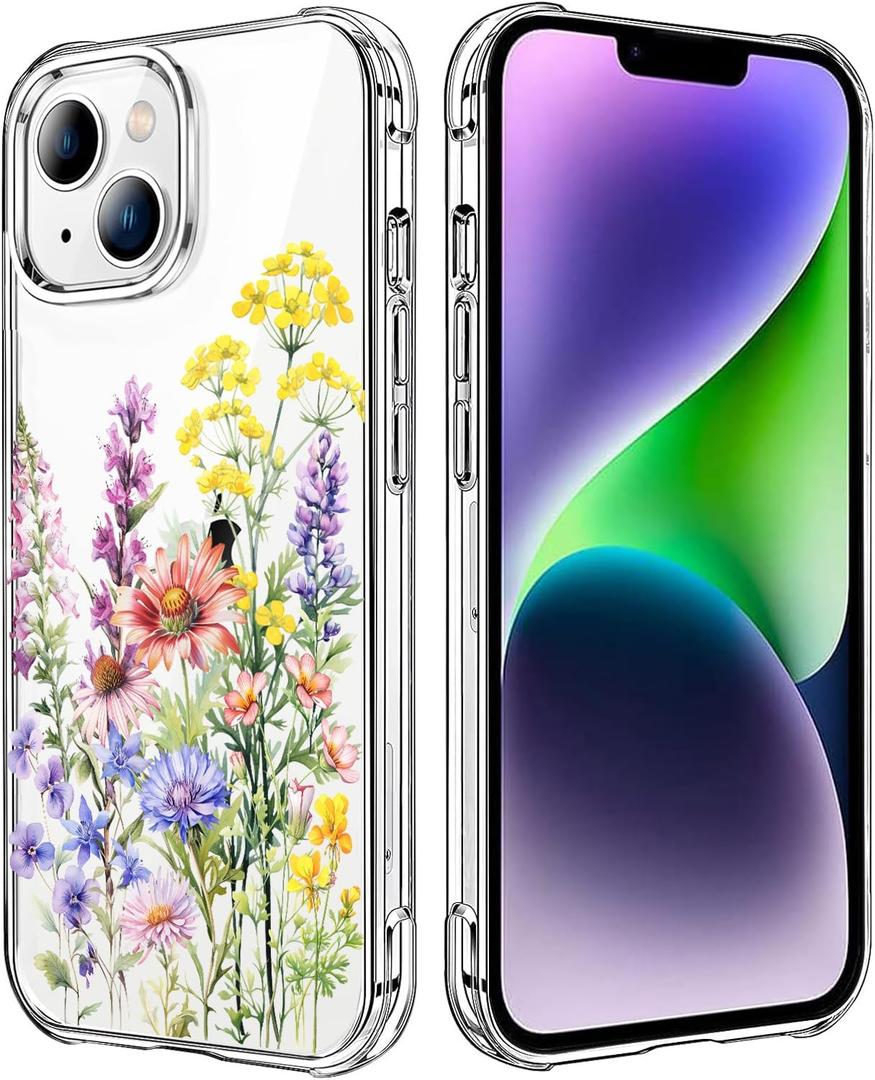Wild Flower Clear Case Compatible with iPhone 14 Plus, Cute Girls and Women Floral Back Case Cover, Summer Flowers Transparent Flexible TPU Bumper Shockproof Protective Phone Case