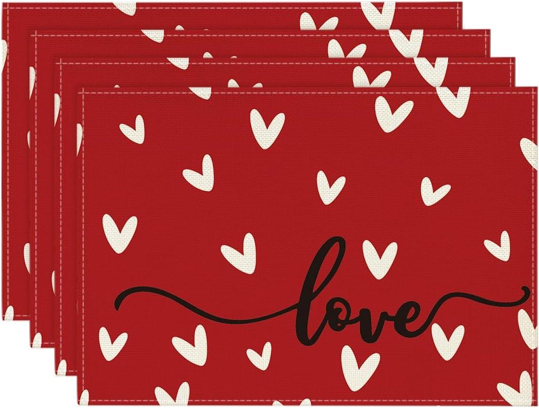 Artoid Mode Red Love Hearts Placemats Set of 4, 12x18 Inch Seasonal Anniversary Holiday Table Mats for Party Kitchen Dining Decoration