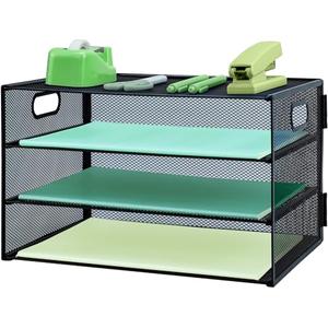 IOUGDSEC Paper Letter Tray with Handle, 3 Tier Metal Mesh Desk File Organizer, A4 Paper Desktop Filing Trays, Desk Tidy Magazine Document Holder for Home Office, Black